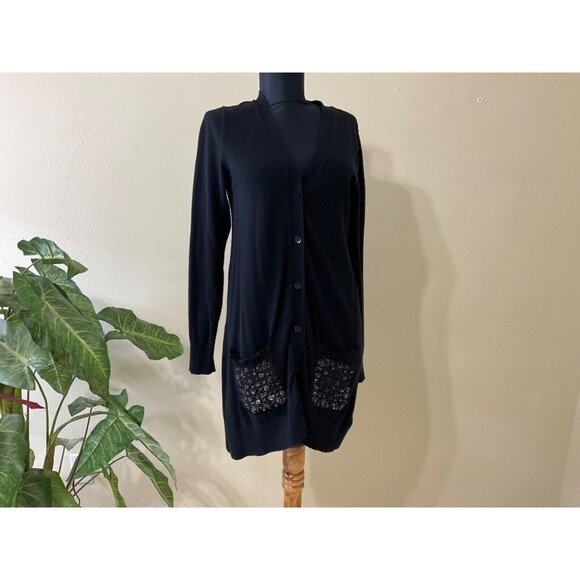 LOGO Lavish long line button up Cardigan sweater Black Bling Pockets sz. S - Picture 4 of 13